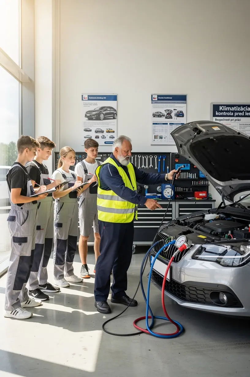 Detailný pohľad na meranie tlaku chladiva v klimatizačnom systéme auta počas testu tesnosti